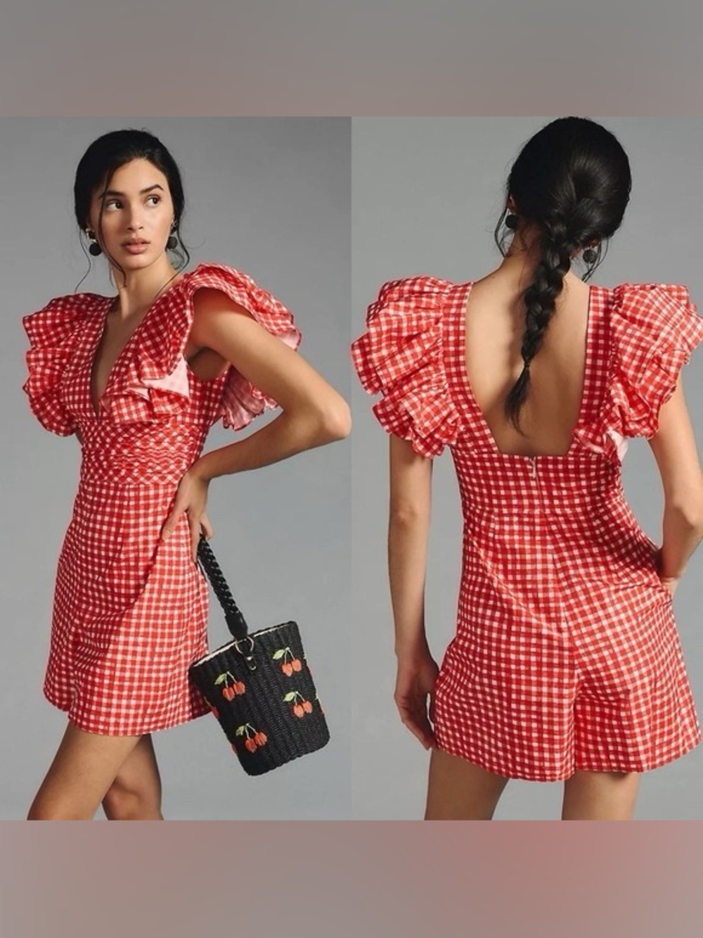 Anthropologie Hutch Watermelon Gingham Ruffle Sleeve Romper Size 12